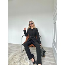 Key Moda Kadın Gold Kemerli Ceket Pantolon Takım Siyah