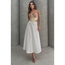 Lesa Wear Beyaz Puf Scuba Kloş Lastikli Uzun Etek S Kadın İçin Modern Tasarım