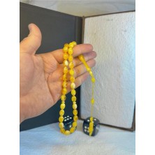 Anemore Collection Toz Kehribar Tesbih Sarı Renkli Beyzi Kesim T-30