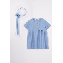 Bisiklet Yaka Düğmeli Şapka Aksesuarlı Bebe Mavisi Renk Kız Çocuk Keten Elbise