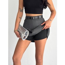 Yazlık Kemerli Pileli Dokuma Şort Etek PİLEETK-0039