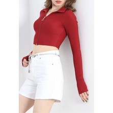 Parmak Geçirmeli Dik Yaka Basic Crop Bordo