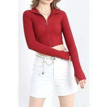 Parmak Geçirmeli Dik Yaka Basic Crop Bordo