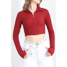 Parmak Geçirmeli Dik Yaka Basic Crop Bordo