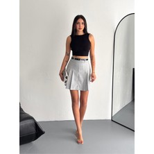 Yazlık Kemerli Pileli Dokuma Şort Etek PİLEETK-0039