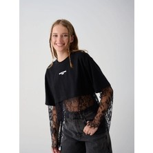 Zekids Kız Çocuk Tül Detaylı Croplu Dantelli Ikili Bluz