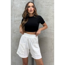 Lesa Wear Kadın Yüksek Bel Şort Keten Görünümlü Çift Cep ile Günlük Kullanım İçin İdeal