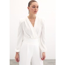 Sateen Kruvaze Vatkalı Bodysuit - Ekru