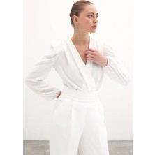Sateen Kruvaze Vatkalı Bodysuit - Ekru