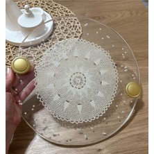 Pelince Epoksi Reçine Nişan Tepsisi - Dantel ve Incili - Altın Kulp - Çap: 30 cm