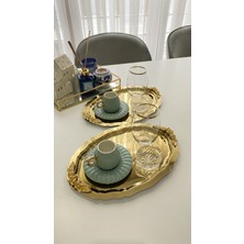 2'li Oval Kulplu Kahve & Çay & Sunum Tepsisi Çelik Gold Tepsi