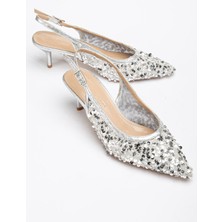 Kadın Kısa Topuklu Abiye Ayakkabı Gümüş Pullu File Topuk Açık