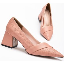 Kadın Topuklu Ayakkabı Pudra Baskılı Deri Yanyüzlü Sivri Kalıp