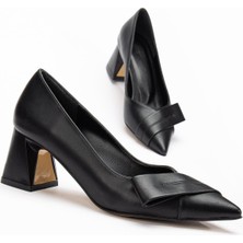 Kadın Topuklu Ayakkabı Siyah Yan Fiyonklu Kalın Topuklu