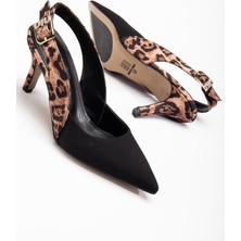 Büyük Numara Kadın Topuklu Ayakkabı Siyah Leopar Saten Taşlı Tokalı