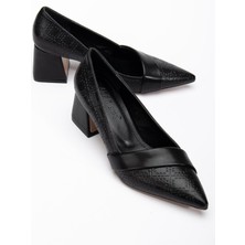 Kadın Topuklu Ayakkabı Siyah Baskılı Deri Yanyüzlü Sivri Kalıp