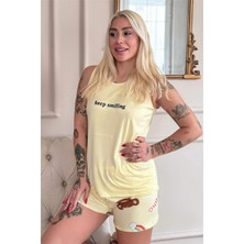 Pijama Evi Sarı Keep Smiling Desenli Bambu Sıfır Kol Şortlu Kadın Pijama Takımı