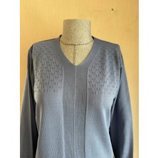 Tektriko Önü Fitilli V Yaka Ajurlu Bluz / Indigo Mavi