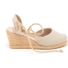 Star Tombis  Elişi Topuğu Açık Bilekten Bağlamalı Bej Dolgu Topuk Keten Hasır Espadril Handmade