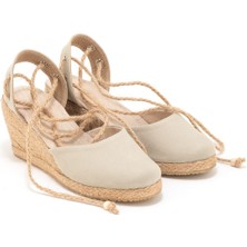 Star Tombis  Elişi Topuğu Açık Bilekten Bağlamalı Bej Dolgu Topuk Keten Hasır Espadril Handmade