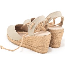 Star Tombis  Elişi Topuğu Açık Bilekten Bağlamalı Bej Dolgu Topuk Keten Hasır Espadril Handmade