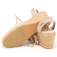 Star Tombis  Elişi Topuğu Açık Bilekten Bağlamalı Bej Dolgu Topuk Keten Hasır Espadril Handmade