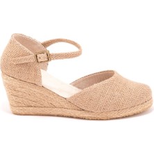 Star Tombis Elişi Bilekten Bantlı Topuğu Açık Keten Espadril Dolgu Topuk Handmade