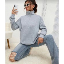 Fevien  Uzun Kol Yarım Farmuarlı Yakalı Basic Sweatshirt - Gri