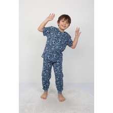 Isob Mavi Gülen Surat Desenli %100 Pamuk Erkek Çocuk Kısa Kollu Pijama Takımı 3-8 Yaş 41305-M