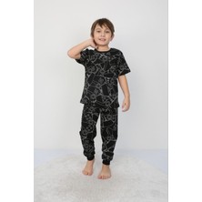 Isob Siyah Atary Desenli %100 Pamuk Erkek Çocuk Kısa Kollu Pijama Takımı 3-8 Yaş 41306-S