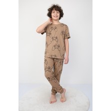 Isob Kahverengi Atary Desenli %100 Pamuk Erkek Çocuk Kısa Kollu Pijama Takımı 3-8 Yaş 41304-K