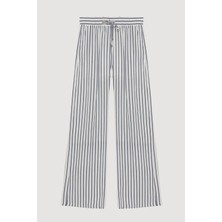 Quzu Beli Lastikli Çizgili Pantolon Ekru