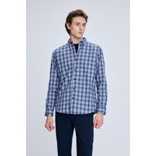 Hatemoğlu Mavi Slim Fit Kareli Düğmeli Yaka Uzun Kollu Pamuklu Gömlek