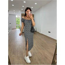 Qimya Butik Minik Çiçek Desenli Bürümcük Kumaş Madonna Yaka Elbise