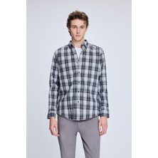 Hatemoğlu Gri Slim Fit Kareli Düğmeli Yaka Uzun Kollu Pamuklu Gömlek