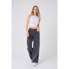 Antrasit Yüksek Bel Paça Detaylı Geniş Kesim Kot Pantolon