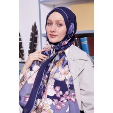 Lacivert Kenar Çiçek Desen Royal Şal