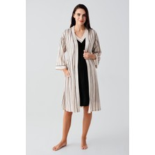 Artış Collection Kısa Kollu Çizgili Esnek Keten Efektli Viskoz Hamile Sabahlık Gecelik Takım 17402