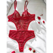 Berenden Şık Tasarım Kırmızı Dantelli Transparan Bodysuit