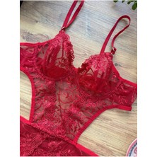 Berenden Şık Tasarım Kırmızı Dantelli Transparan Bodysuit