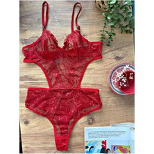 Berenden Şık Tasarım Kırmızı Dantelli Transparan Bodysuit