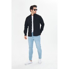 Oyga Erkek Siyah Slim Fit Dar Kalıp Çift Cepli Pamuklu Kot Gömlek