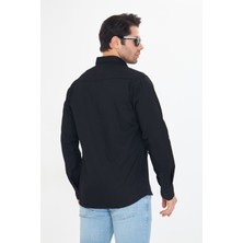 Oyga Erkek Siyah Slim Fit Dar Kalıp Çift Cepli Pamuklu Kot Gömlek