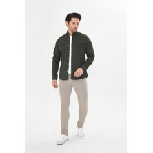 Oyga Erkek Haki Slim Fit Dar Kalıp Çift Cepli Pamuklu Kot Gömlek