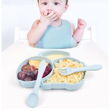 Jojobebek Silikon Beslenme Seti / Tavşan Figürlü Vakumlu Mama Tabağı, Çatal ve Kaşık / Buz Mavisi