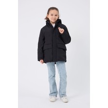 Kız Çocuk Siyah Kürklü Su ve Rüzgar Geçirmez Kapüşonlu 3 Kışlık Mont & Kaban & Parka FMPÇ-110-K