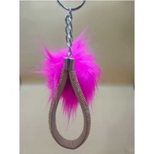 Camel Taşlı Tilki Tüyü Fuşya Angel Anahtarlık