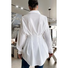 Kadın Belden Oturtmalı Pileli Tunik Beyaz Gömlek