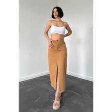 Defy Moda Camel Gabardin Boyamalı Püsküllü Etek