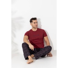 Ercan Erkek Kısa Kol Üst Bordo Alt Siyah Ekoseli Pijama Takımı
